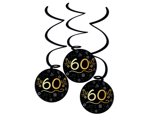 Dekoracja wisząca świderki na sześćdziesiątkę czarne - 3 szt.