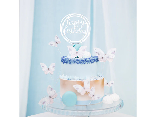 Topper na tort Happy Birthday srebrny - 1 szt.