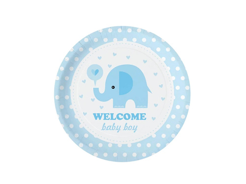 Talerzyki papierowe na Baby Shower Słonik niebieskie - 18 cm - 6 szt.
