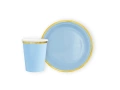 Zestaw kubeczki + talerzyki papierowe niebieskie ze złotym brzegiem - 12 szt.