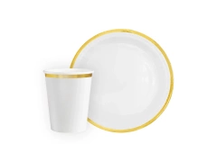 Zestaw kubeczki + talerzyki papierowe białe ze złotym brzegiem - 12 szt.