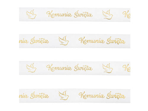 Tasiemka satynowa biała z napisem Komunia Święta - 15 mm / 20 m - 1 szt.