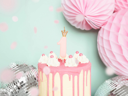 Świeczka cyferka jeden jasnoróżowa z koroną - 1 - 1 szt.