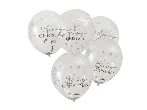 Balony przezroczyste ze srebrnym konfetti Merry Christmas - 30 cm - 5 szt.