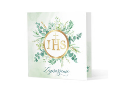 Zaproszenie na Komunię Hostia IHS z listkami - 10 szt.