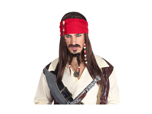 Peruka Pirata z Karaibów z bandaną, wąsami i kozią bródką z koralikami