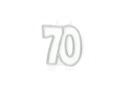 Świeczka na siedemdziesiątkę brokatowa srebrna - 8,5 cm - 1 szt.