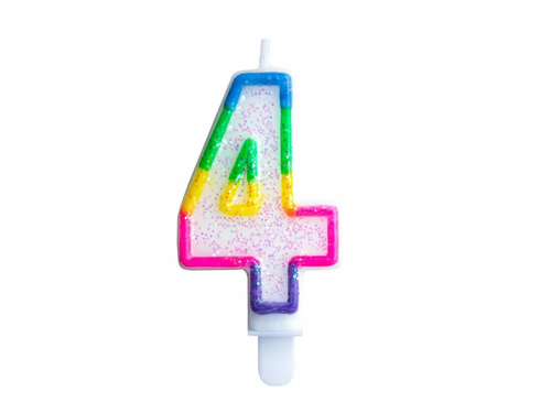 Świeczka cyferka brokatowa z tęczową obwódką 4 - 1 szt.