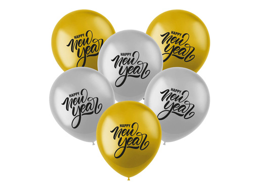 Balony lateksowe Happy New Year srebrne i złote - 33 cm - 6 szt.