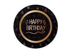 Talerzyki papierowe na urodziny Happy Birthday czarne - 23 cm - 8 szt.