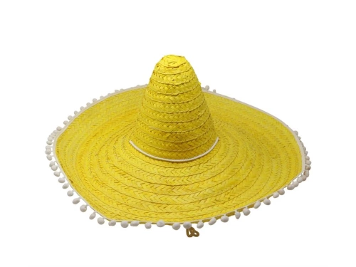 Sombrero meksykańskie żółte z pomponikami - 60 cm - 1 szt.