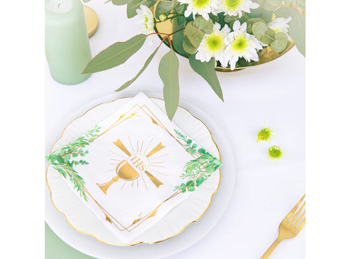 Serwetki komunijne Kielich IHS z zielonymi listkami - 33 cm - 10 szt.