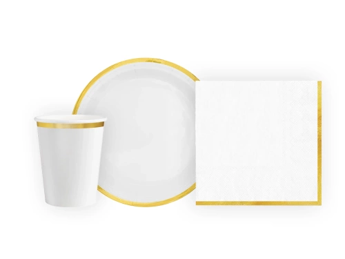 Zestaw kubeczki + serwetki + talerzyki papierowe białe ze złotym brzegiem - 22 szt.