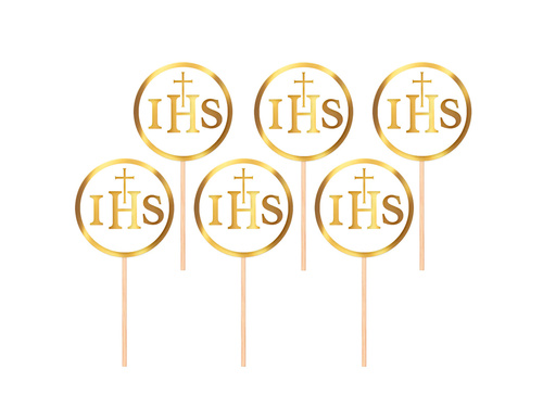 Pikery na tort Hostia IHS na I Komunię Świętą - 6 szt.