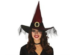Kapelusz czarownicy z woalem bordowy na Halloween - 1 szt.