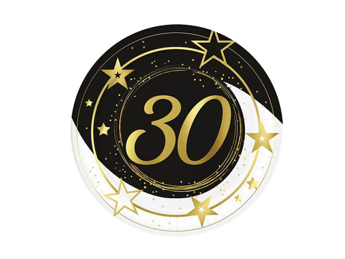 Talerzyki papierowe na trzydzieste urodziny czarne - 23 cm - 6 szt.