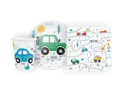 Zestaw kubeczki + serwetki + talerzyki papierowe w Autka - 22 szt.