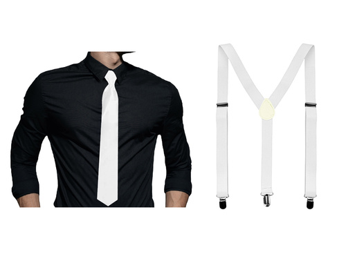 Biały zestaw akcesoriów szelki z długim krawatem - 2 szt.