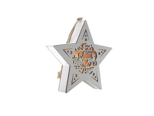 Drewniana zawieszka Gwiazda Święty Mikołaj LED biała - 1 szt.