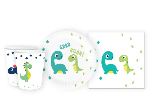 Zestaw kubeczki + serwetki + talerzyki papierowe Wesołe Dinozaury - 44 szt.