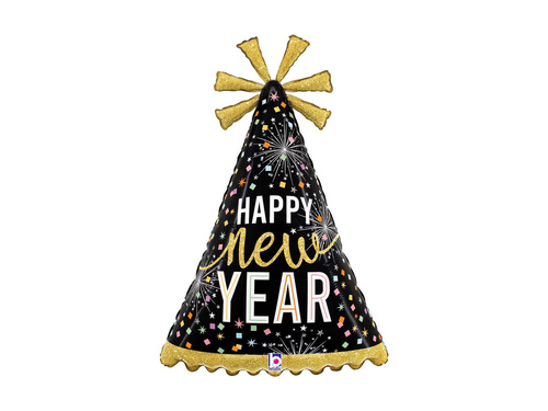 Balon foliowy Happy New Year w kształcie czapeczki - 32" - 1 szt.