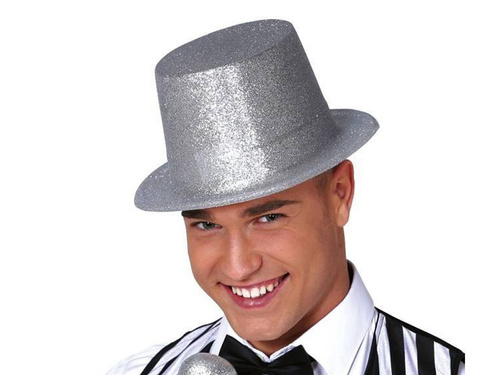 Kapelusz cylinder srebrny z brokatem - 1 szt.