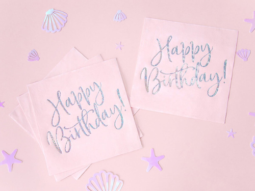 Serwetki urodzinowe jasnoróżowe Happy Birthday - 33 cm - 20 szt.