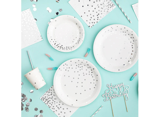 Talerzyki papierowe białe w srebrne groszki - 18 cm - 6 szt.