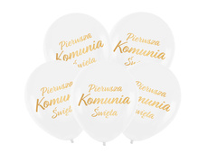 Balony lateksowe ze złotym napisem Pierwsza Komunia Święta - 30 cm - 5 szt.