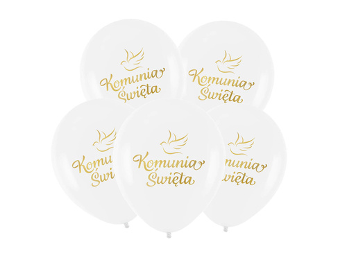 Balony lateksowe ze złotym napisem Komunia Święta - 30 cm - 5 szt.