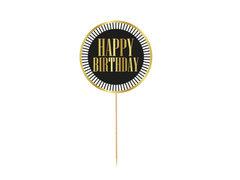 Topper papierowy na tort Happy Birthday biało-czarne paski - 1 szt.