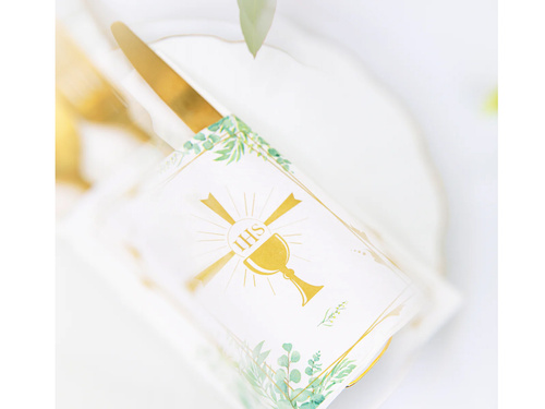 Kieszonki na sztućce komunijne Kielich IHS z zielonymi listkami - 16 szt.