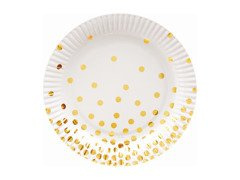 Talerzyki papierowe białe w złote groszki - 18 cm - 6 szt.