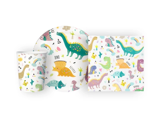 Zestaw kubeczki + serwetki + talerzyki papierowe Dinozaury - 22 szt.