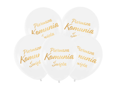Balony lateksowe ze złotym napisem Pierwsza Komunia Święta - 30 cm - 5 szt.