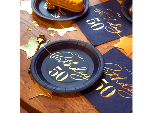 Talerzyki papierowe na pięćdziesiąte urodziny granatowe - 18 cm - 6 szt.