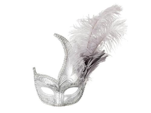 Maska karnawałowa srebrna Dama z piórami - 1 szt.
