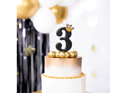 Świeczka cyferka trzy czarna z koroną - 3 - 1 szt.