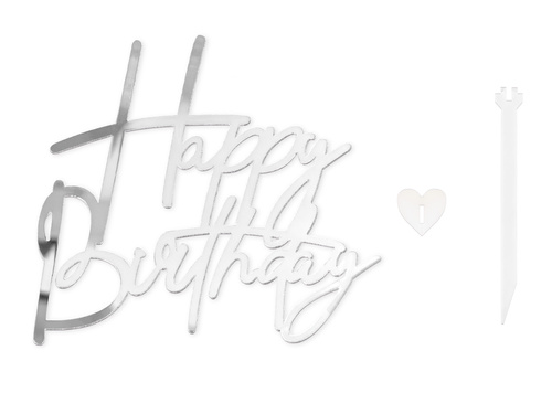 Topper na bok tortu Happy Birthday - srebrny - 1 szt.