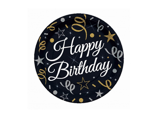 Talerzyki papierowe na urodziny Happy Birthday czarne - 18 cm - 6 szt.