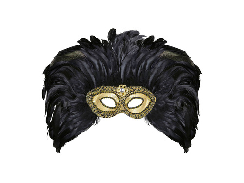 Maska karnawałowa złota z piórami - 1 szt.