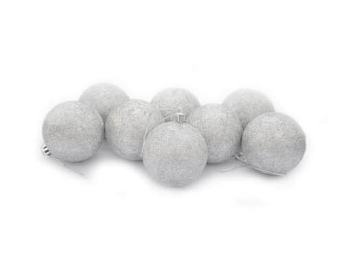Bombki brokatowe srebrne - 6 cm - 8 szt.