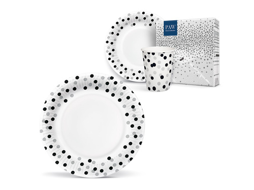 Talerzyki papierowe na urodziny Konfetti srebrno-czarne - 18 cm - 8 szt.