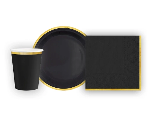 Zestaw kubeczki + serwetki + talerzyki papierowe czarne ze złotymi brzegami - 22 szt.