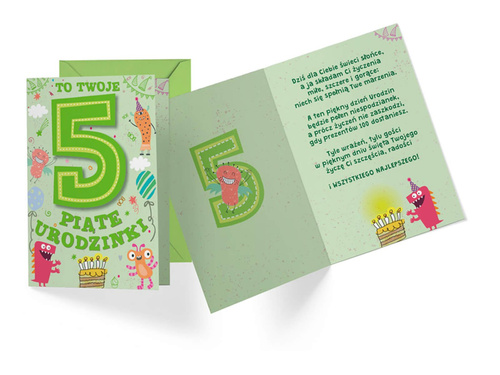 Kartka urodzinowa z kopertą na piąte urodziny Potworki - 1 szt.
