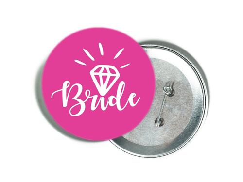 Przypinka różowa z białym napisem Bride i diamentem
