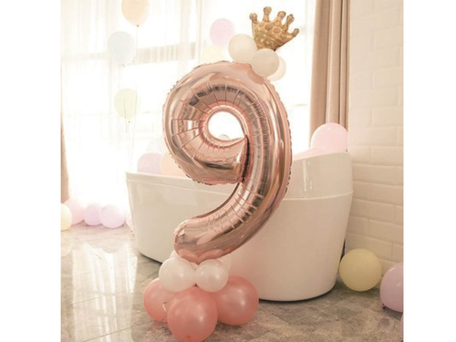 Zestaw balonów z cyfrą dziewięć różowe złoto - 15 szt.
