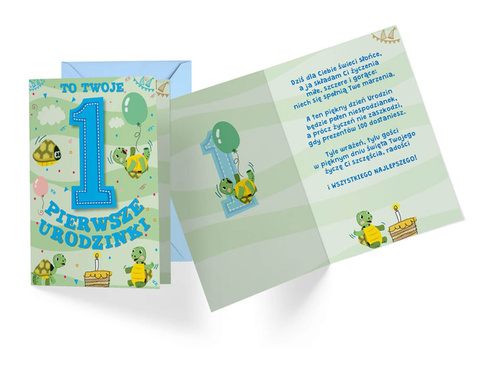Kartka urodzinowa z kopertą na roczek Żółwik - 1 szt.