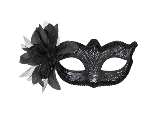 Maska karnawałowa z kwiatem - czarna - 1 szt.