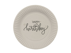 Talerzyki papierowe na urodziny beżowe Happy Birthday - 23 cm - 8 szt.